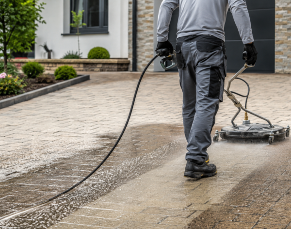 Steinpflasterreinigung in Fulda – professionelle Reinigung einer gepflasterten Einfahrt mit Hochdrucktechnik