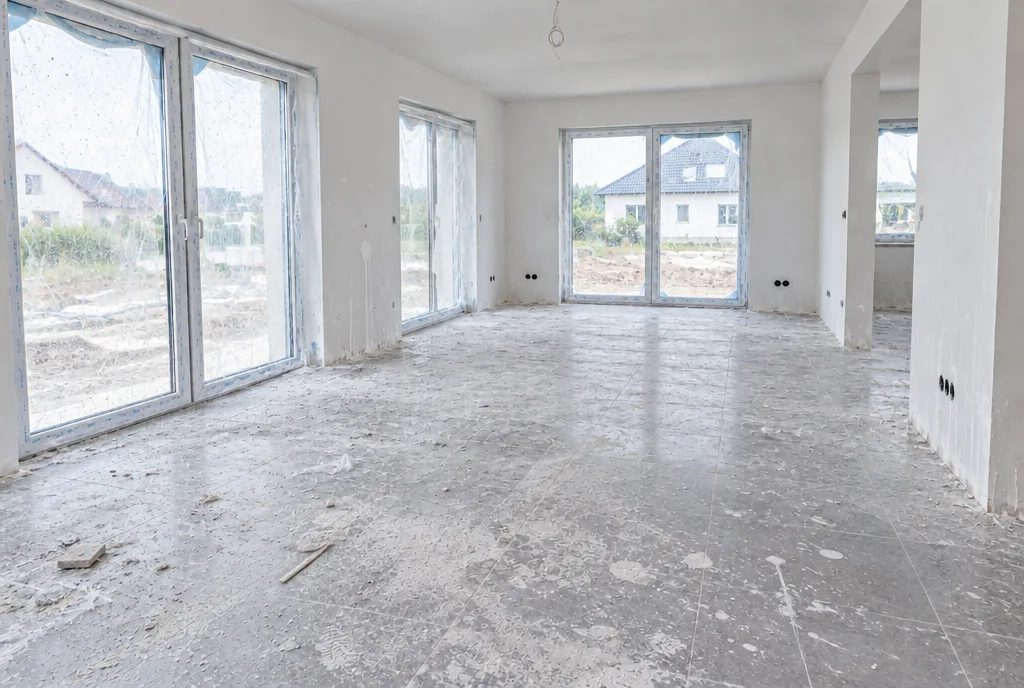 Neubau mit Baustaub vor der Bauendreinigung