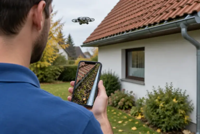 Drohneninspektion in Fulda – Mitarbeiter prüft auf dem Smartphone das Drohnenfoto einer verstopften Dachrinne
