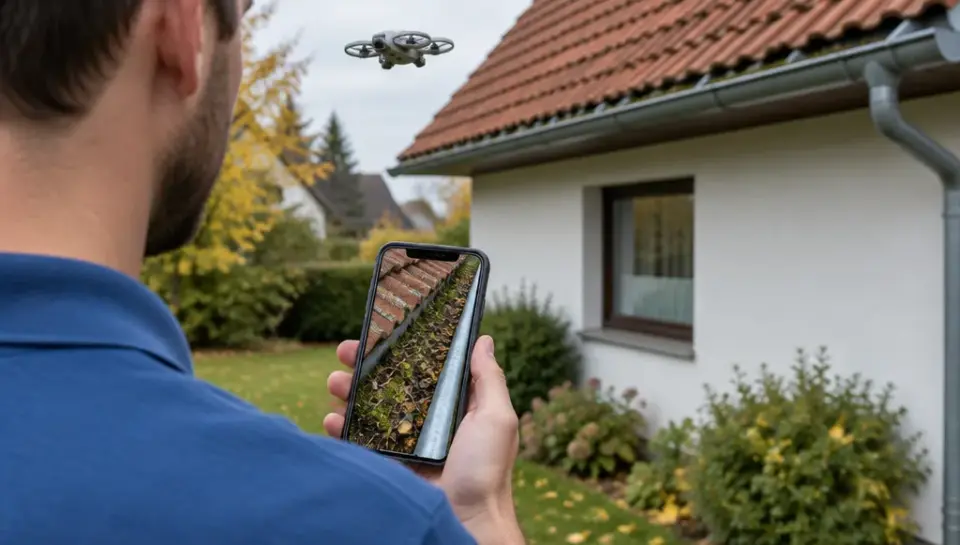 Drohneninspektion in Fulda – Mitarbeiter prüft auf dem Smartphone das Drohnenfoto einer verstopften Dachrinne