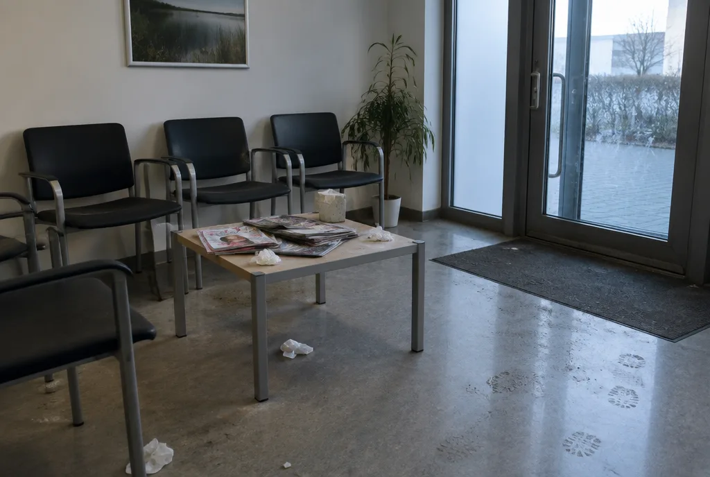 Wartezimmer einer Arztpraxis am Ende des Tages vor der Reinigung