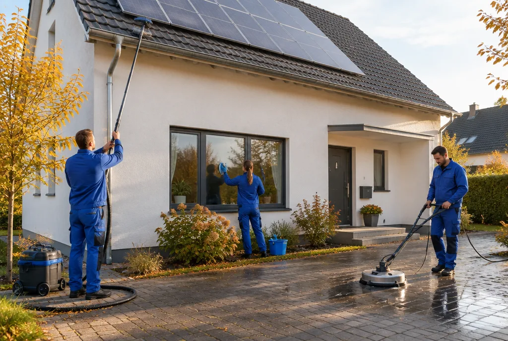 Glanz Reinigung Fulda – Team reinigt Dachrinne, Fenster und Einfahrt eines Hauses in Fulda