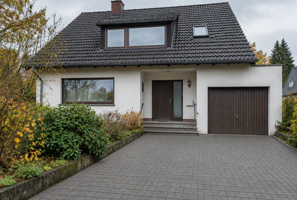 Dasselbe Haus nach der Rundum-Pflege – saubere Dachrinne, Fenster und Einfahrt
