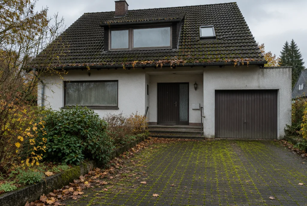 Einfamilienhaus mit verstopfter Dachrinne, grünem Pflaster und schmutzigen Fenstern