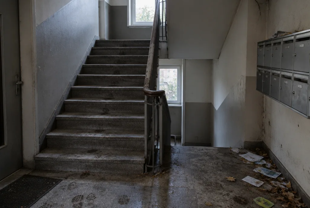 Verschmutztes Treppenhaus in einem Mehrfamilienhaus vor der Reinigung