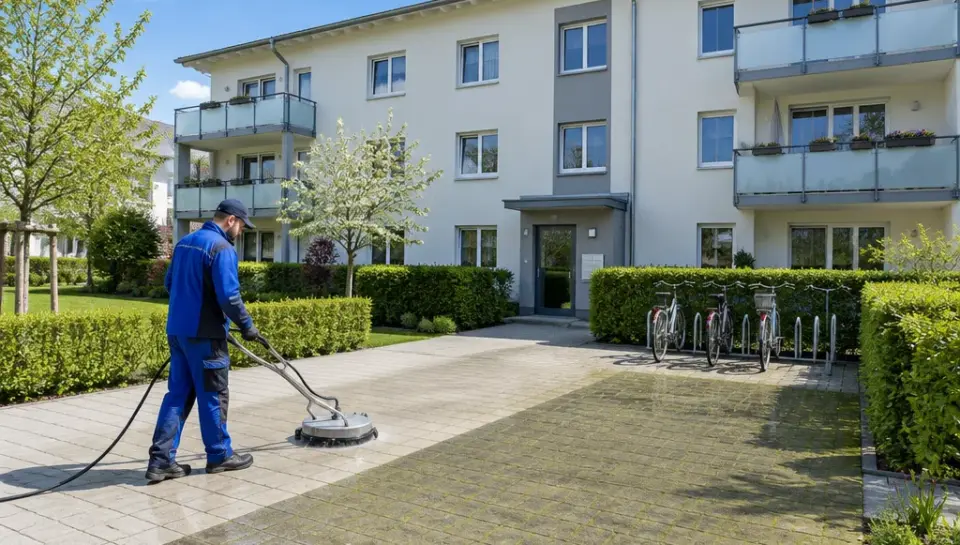 Reinigung der Pflasterfläche vor einem Mehrfamilienhaus mit Flächenreiniger