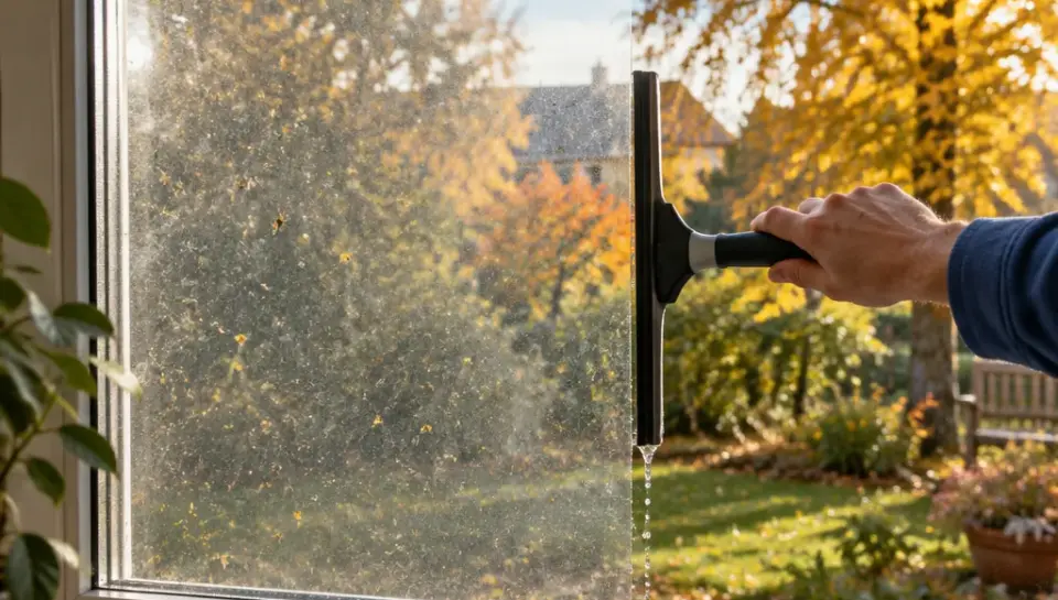 Fensterreinigung im Herbst: halb verschmutzte, halb klare Scheibe mit Blick in den Herbstgarten