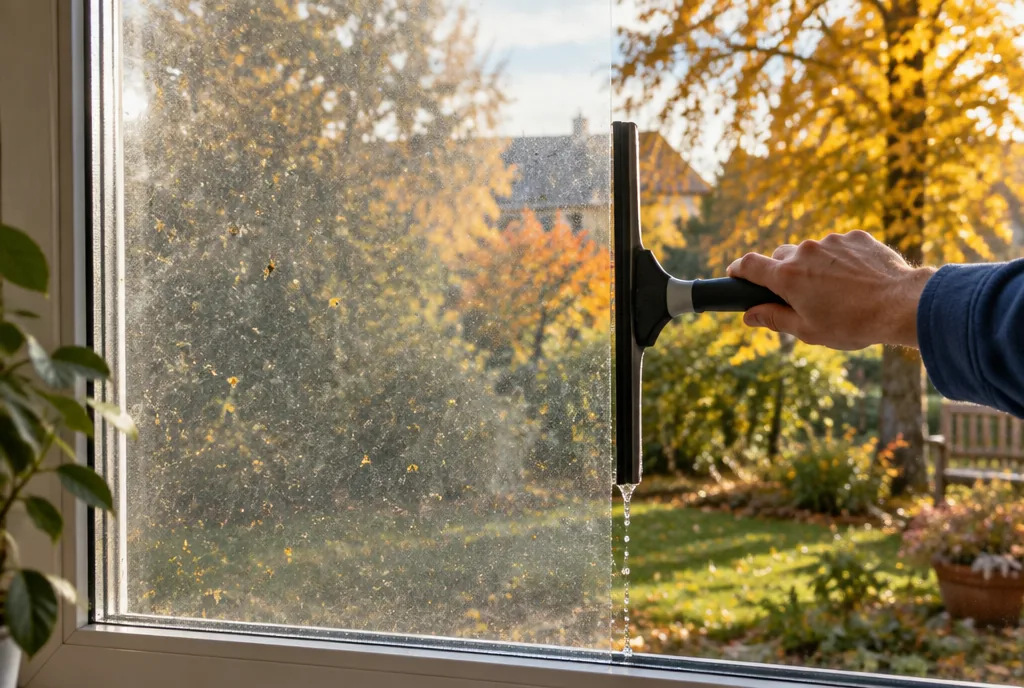 Fensterreinigung im Herbst halb verschmutzte halb klare Scheibe mit Blick in den Herbstgarten Glanz Reinigung Fulda Fensterreinigung im Herbst halb verschmutzte halb klare Scheibe mit Blick in den Herbstgarten