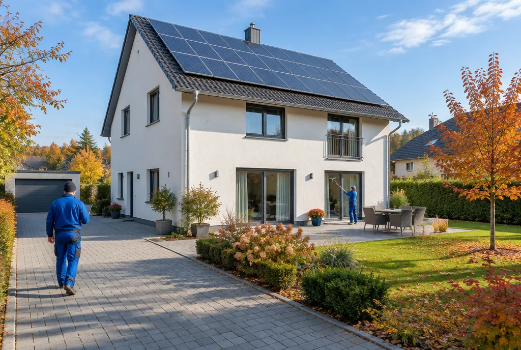Gepflegtes Einfamilienhaus mit sauberer Dachrinne PVAnlage Fenstern und Pflaster RundumPflegepaket in Fulda Glanz Reinigung Fulda Gepflegtes Einfamilienhaus mit sauberer Dachrinne PV Anlage Fenstern und Pflaster Rundum Pflegepaket in Fulda