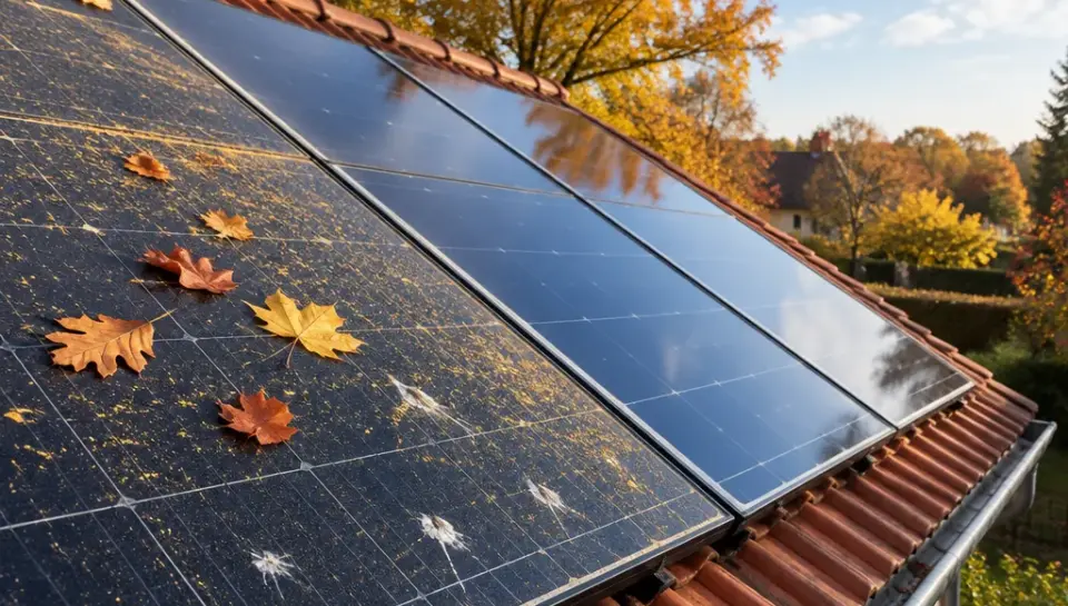 Photovoltaikanlage im Herbst mit Laub, Pollen und Vogelkot auf einzelnen Modulen – Solarreinigung in Fulda