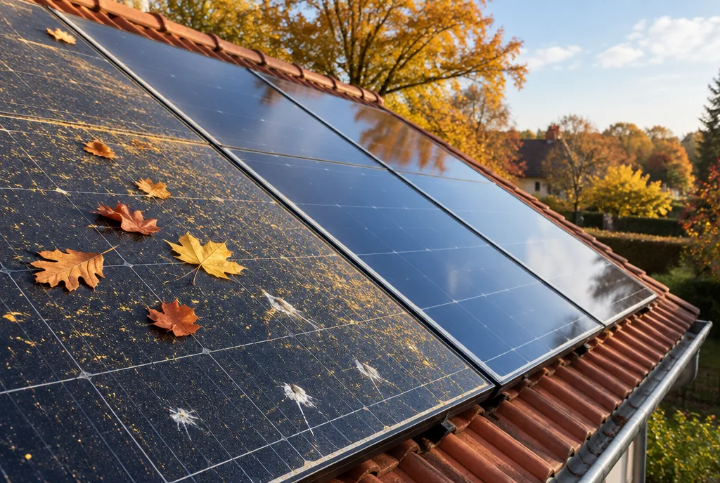 Photovoltaikanlage im Herbst mit Laub Pollen und Vogelkot auf einzelnen Modulen Solarreinigung in Fulda Glanz Reinigung Fulda Photovoltaikanlage im Herbst mit Laub Pollen und Vogelkot auf einzelnen Modulen Solarreinigung in Fulda