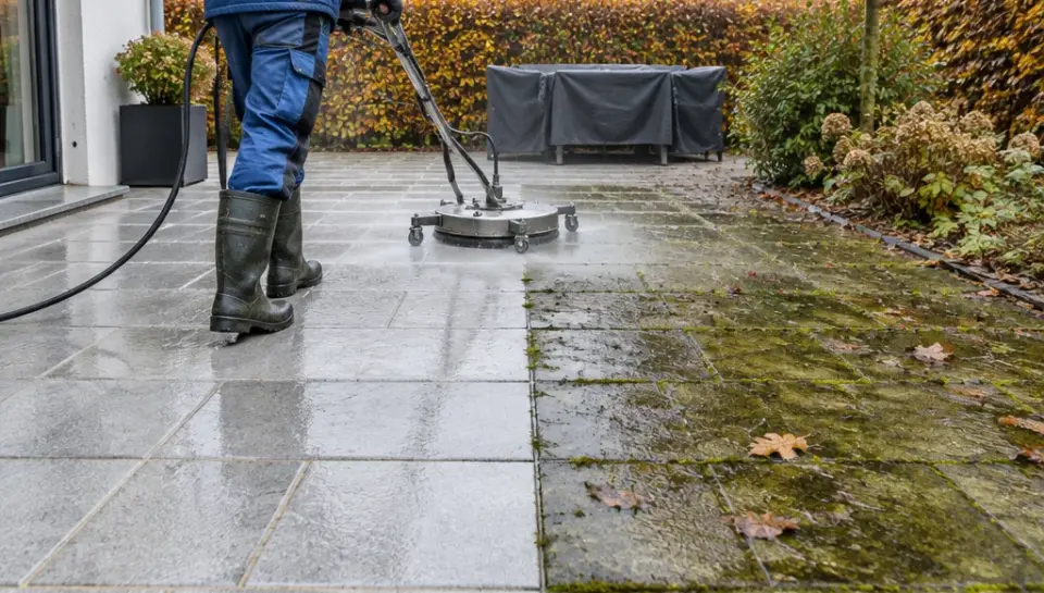 Terrasse im Herbst: halb gereinigt, halb mit Grünbelag – Terrassenreinigung in Fulda vor dem Winter