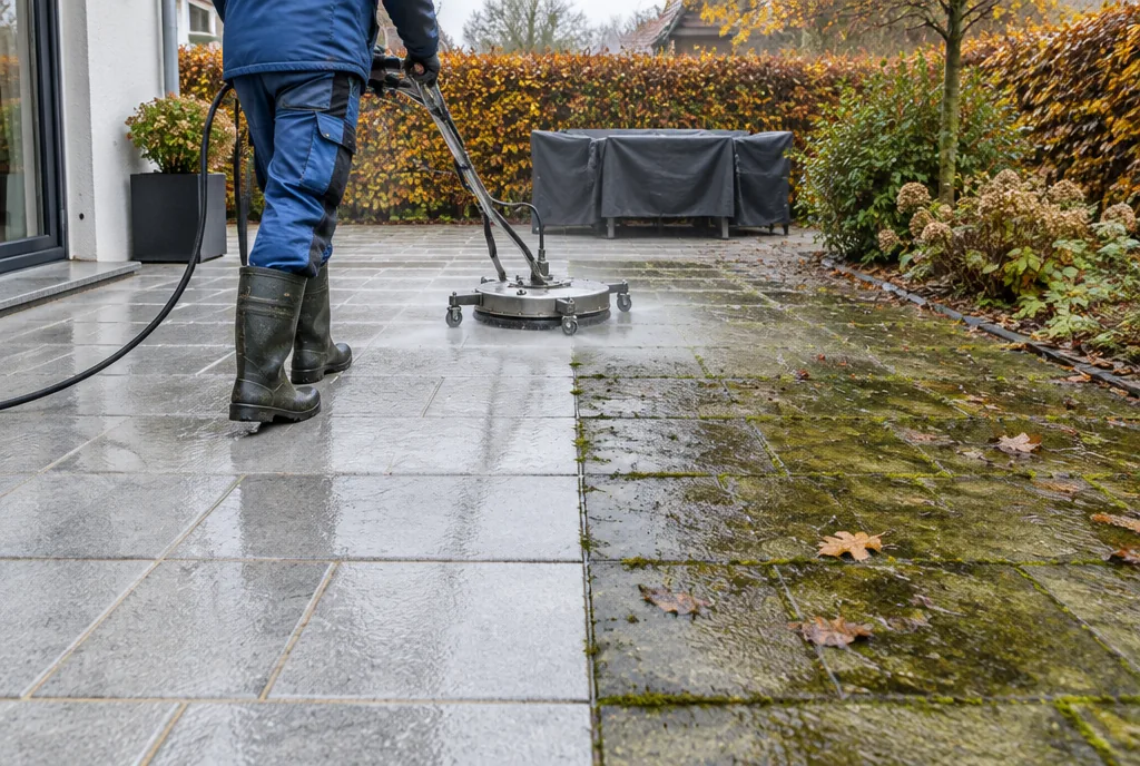 Terrasse im Herbst halb gereinigt halb mit Grünbelag Terrassenreinigung in Fulda vor dem Winter Glanz Reinigung Fulda Terrasse im Herbst halb gereinigt halb mit Grünbelag Terrassenreinigung in Fulda vor dem Winter