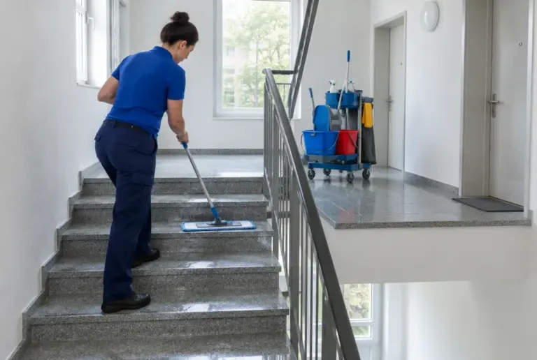 Treppenhausreinigung in Fulda – Mitarbeiter wischt die Treppenstufen in einem Mehrfamilienhaus